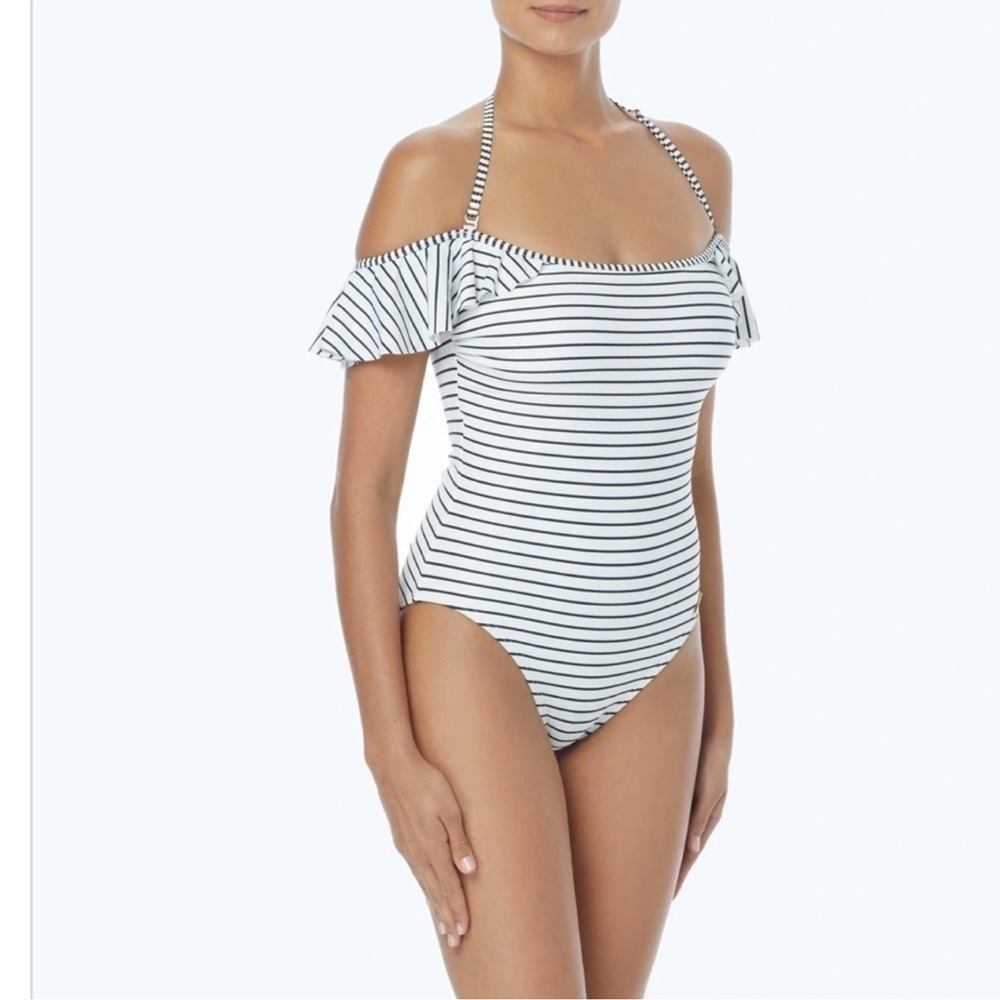 VINCE CAMUTO Ruffle Sleeves Black & White Zebra Stripe One Piece Swimsuit - Picture 11 of 11